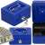 Blue metal cash box with key lock and handle, showing interior compartments and banknotes
