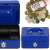 Blue metal cash box with key lock and handle, showing interior compartments and coins and banknotes