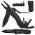 Multitool with pliers, knife, screwdriver, and other tools, black, with case