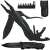 Multitool with pliers, knife, screwdriver, and other tools, black, with case