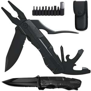 Multitool with pliers, knife, screwdriver, and other tools, black, with case - Multitool