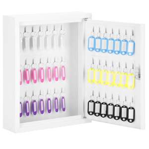 Springos Schlüsselschrank mit offener Tür, die Schlüsselhaken mit Schlüsselanhängern und Schlüsseln zeigt - Schlüsselkästen