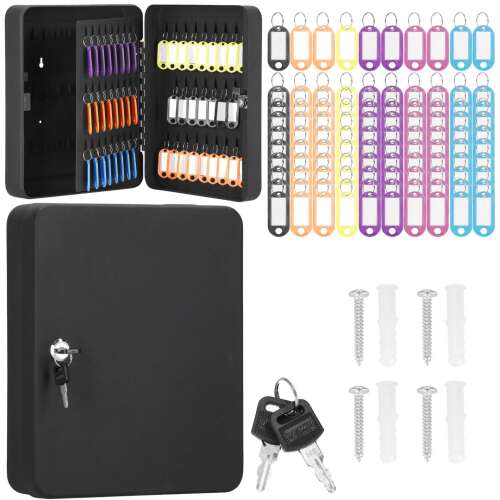 Springos key cabinet with 100 key tags, 100 key rings, 2 keys, and mounting screws