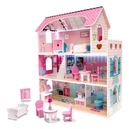 Puppenhaus aus Holz mit Möbeln, Led Beleuchtung 62cm x 27cm x 70cm rosa