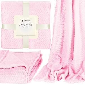 Springos pink plush blanket collage with packaging and folded view - Springos