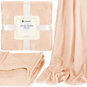 Springos peach plush blanket collage: folded, packaged, and draped - Bedding