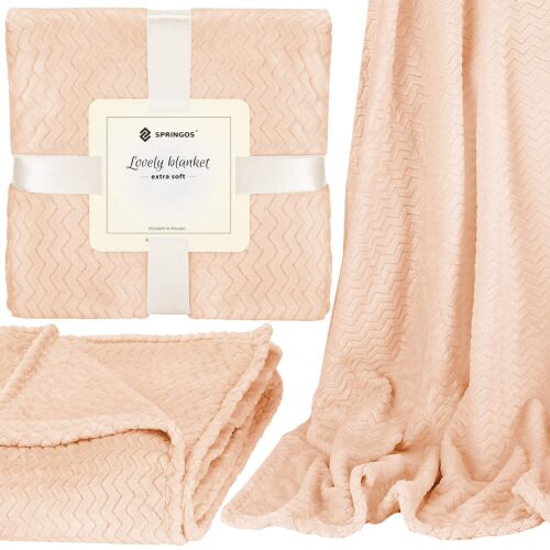 Springos peach plush blanket collage: folded, packaged, and draped