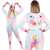 Springos unicorn Kigurumi onesie, pink and blue, with a rainbow tail and a unicorn head on the hood