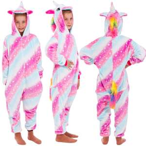 Springos Einhorn Kigurumi Pyjama, Größe 130-140, Vorder-, Seiten- und Rückansicht - Kigurumi Schlafoveralls