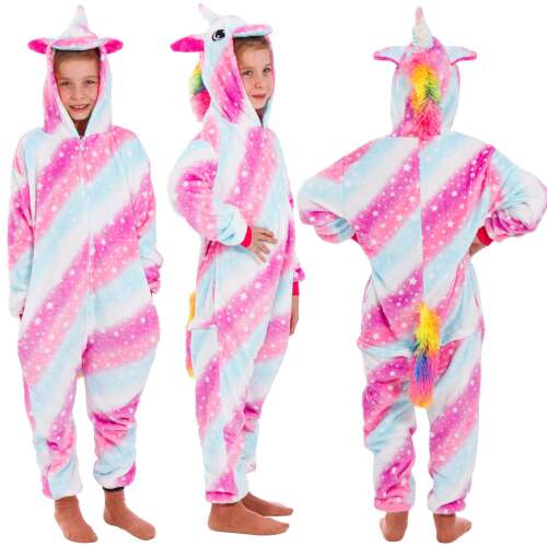 Springos Einhorn Kigurumi Pyjama, Größe 130-140, Vorder-, Seiten- und Rückansicht
