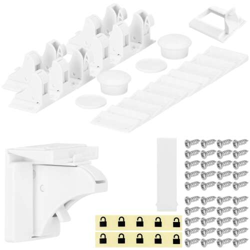 Springos cabinet and drawer lock set of 13 pieces, including locks, keys, latches, screws, and stickers