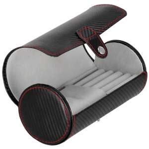 Black carbon fiber watch roll with red stitching, open, showing grey velvet interior - Watch Winder & Watch Box