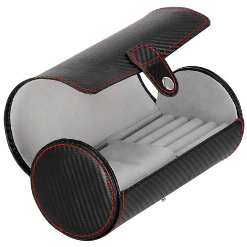 Black carbon fiber watch roll with red stitching, open, showing grey velvet interior