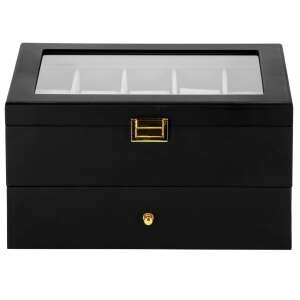 Fekete óratartó doboz üvegtetővel és fiókkal 20 órához, Springos - Óraforgató & óratartó doboz