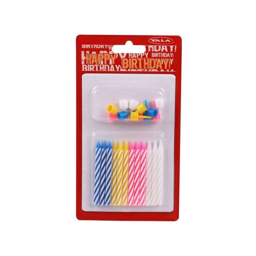 Set de 12 lumânări de ziua de naștere cu suporturi, culori asortate, design cu dungi