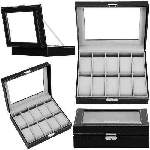 Springos Schwarze Uhrenbox mit 10 Fächern und Glasdeckel, Mehrere Ansichten