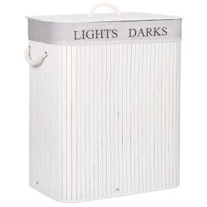 Coș de rufe din bambus alb cu capac și mânere din frânghie, etichetat 'Lights Darks' - Springos