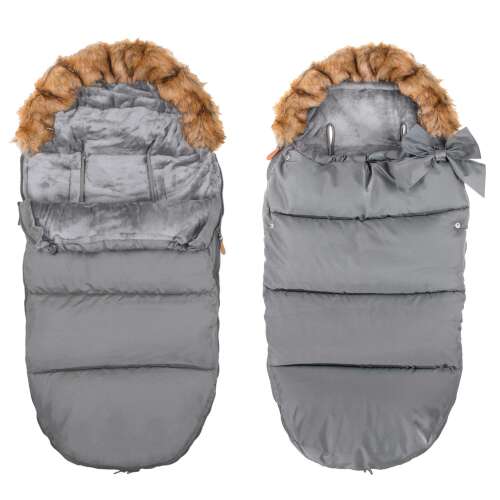 Springos baby sleeping bag with fur hood, gray color, front and back view