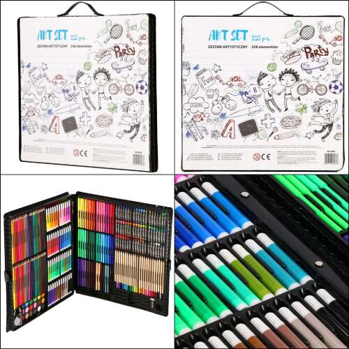 Springos Art Set with 258 pieces, including colored pencils, crayons, markers, and paints, in a black carrying case