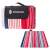 Springos picnic blanket, red, white and blue striped, folded, with carrying handle