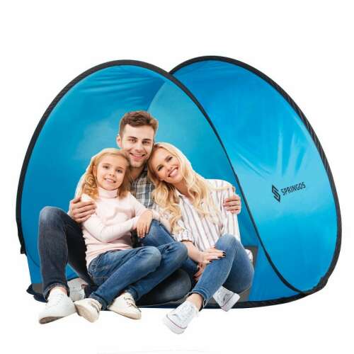 Family enjoying Springos blue pop up beach tent
