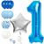 Springos blue and silver 1st birthday balloon decorations on white background