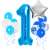 Blue number one balloon, silver star balloon, blue, white, and confetti balloons, and tape