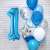 Blue number one balloon, silver star balloon, blue, white, and confetti balloons, and tape
