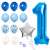 Blue and silver 1st birthday party decorations set, includes balloons, star, confetti balloons, and tape