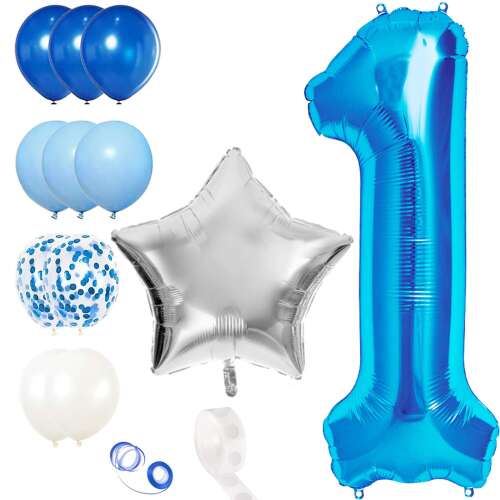 Blue and silver 1st birthday party decorations set, includes balloons, star, confetti balloons, and tape