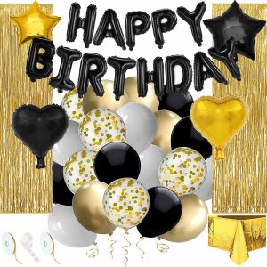 Springos black and gold birthday decoration set with balloons, foil curtain, and tablecloth - Party Decoration