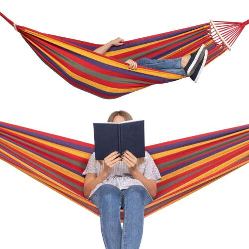 Springos red striped single hammock with person reading