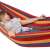 Close-up of person relaxing in Springos striped hammock