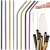 Set of 10 Springos stainless steel drinking straws, including straight and bent straws, in silver, gold, black, and rainbow colors, with cleaning brushes and a cotton bag
