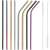 Set of 10 Springos stainless steel drinking straws, including straight and bent straws, in silver, gold, black, and rainbow colors, with cleaning brushes and a cotton bag