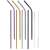 Set of 10 Springos stainless steel drinking straws, including straight and bent straws, in silver, gold, black, and rainbow colors, with cleaning brushes and a cotton bag