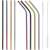 Set of 10 Springos stainless steel drinking straws, including straight and bent straws, in silver, gold, black, and rainbow colors, with cleaning brushes and a cotton bag