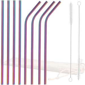 Set of 8 Springos stainless steel reusable drinking straws with cleaning brushes and a canvas carrying case - Straw