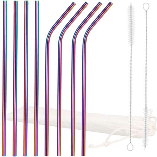 Set of 8 Springos stainless steel reusable drinking straws with cleaning brushes and a canvas carrying case