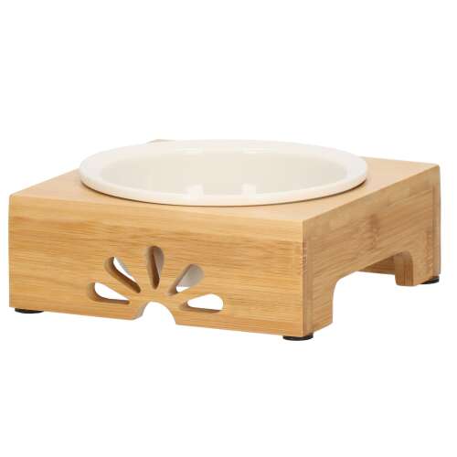 Springos elevated pet bowl with bamboo stand, white ceramic bowl, for small dogs and cats