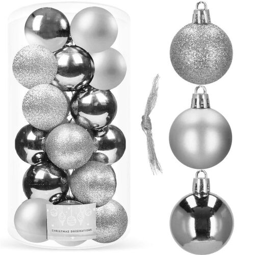 Ca0842 Silberne Weihnachtskugeln Set - Glitzer, Matt, Glänzend - 20 Stück