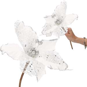Springos white and silver glitter Christmas flower pick in hand - Springos