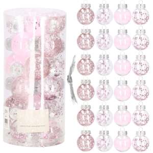 Set mit 24 transparenten Weihnachtskugeln in Pink und Silber, 5 cm, gefüllt mit Federn, Perlen, Glitzer und Konfetti - Christbaumschmuck