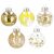 Assorted Springos clear Christmas ornaments with gold and yellow designs.