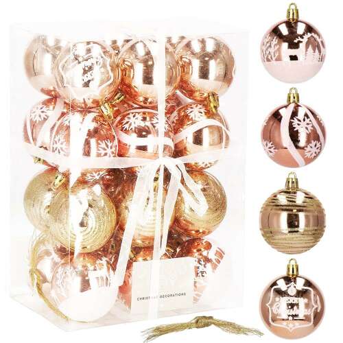 Set of 24 rose gold Christmas ornaments, 6 cm, with 4 different designs, including reindeer, snowflakes, stripes, and Merry Christmas