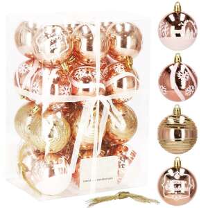 Set de 24 ornamente de Crăciun auriu roz, 6 cm, cu 4 modele diferite, inclusiv ren, fulgi de nea, dungi și Merry Christmas - Nonbrand Decorațiuni pentru pomul de Crăciun