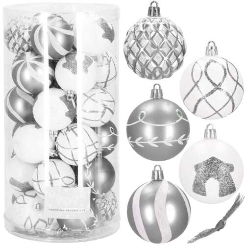 Set of 30 silver and white Christmas tree baubles, 6 cm diameter, Springos brand