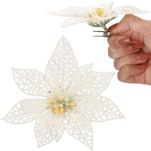 Springos Karácsonyi dekoráció "virág" - fehér/csillám