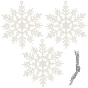 Set of 3 white glitter snowflake Christmas ornaments with silver string for hanging - Springos