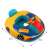 Yellow and blue inflatable car-shaped pool float with steering wheel for kids, 65cm x 80cm